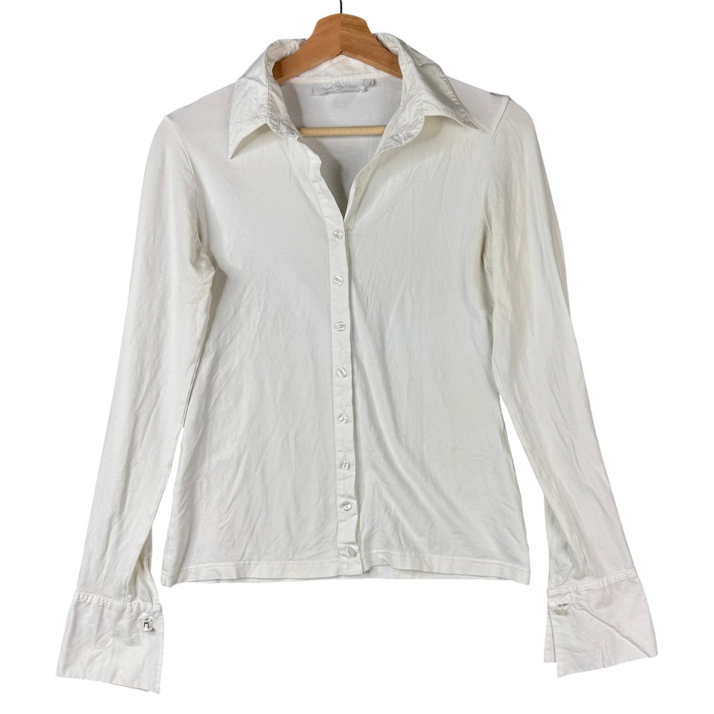 Anne Fontaine White Jersey Knit Button Down Shirt French Cuff Made in France 40
